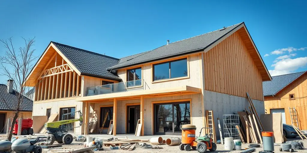 Einfamilienhaus im Bau mit Baugeräten