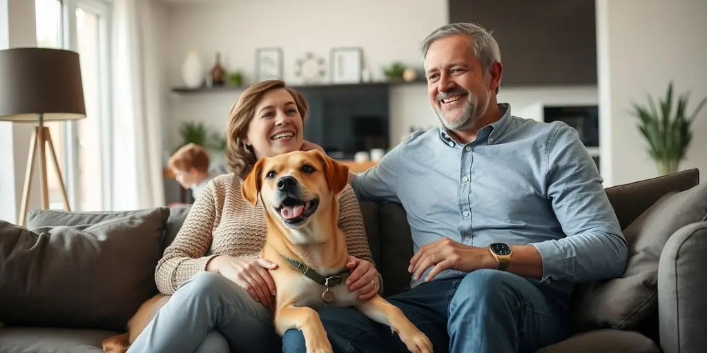 Glückliches Paar auf Sofa, Kind spielt mit Hund