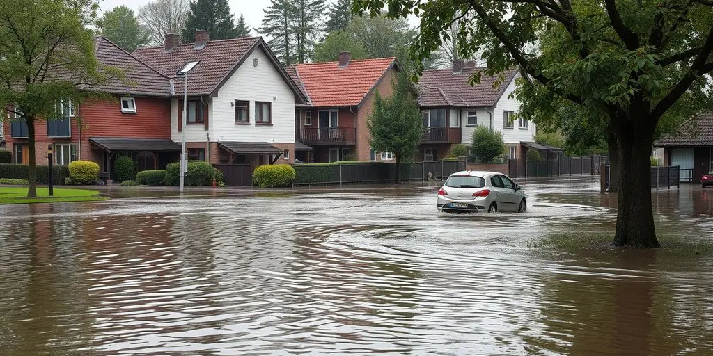 Überflutetes Wohngebiet mit beschädigten Häusern