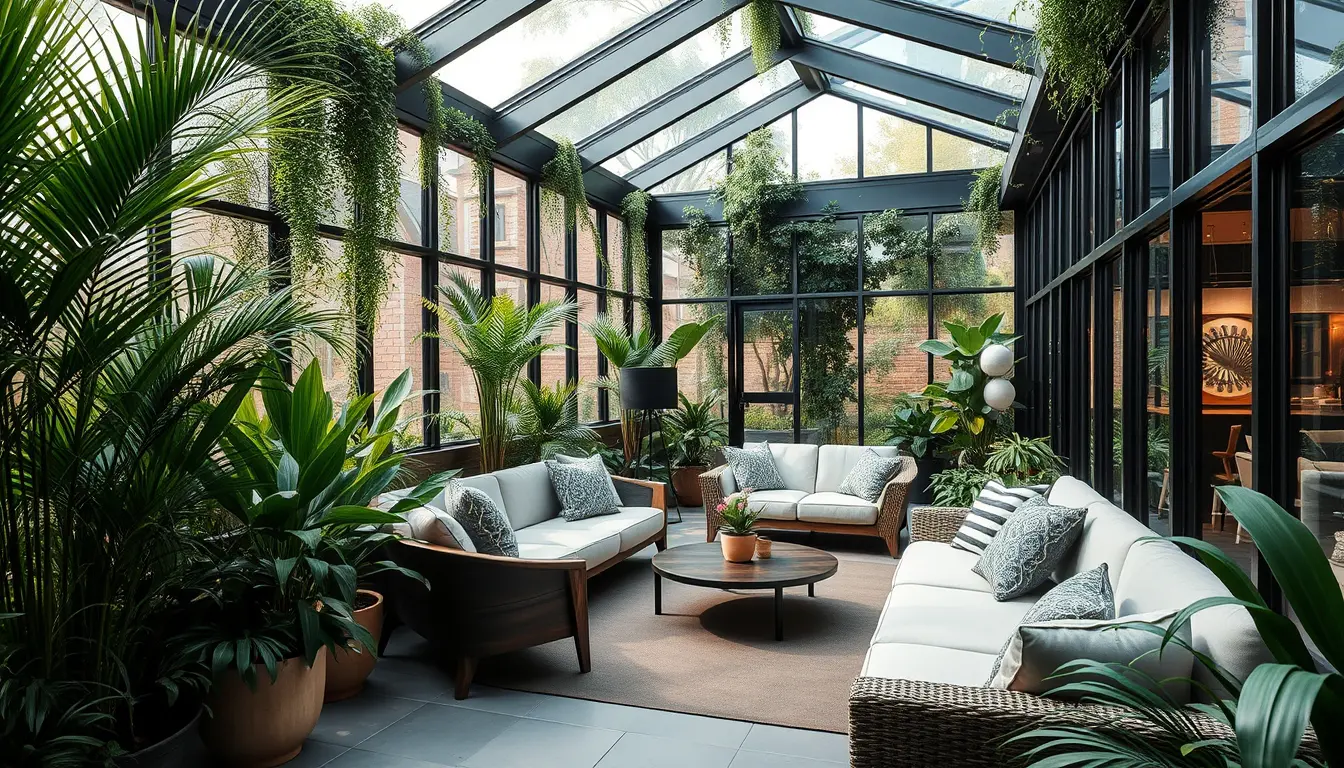 Modern winter garden with lounge and large glass windows.