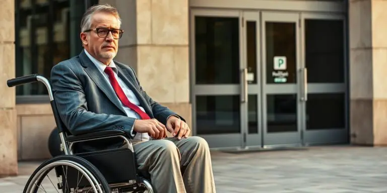 Geschäftsmann im Rollstuhl vor Bürogebäude