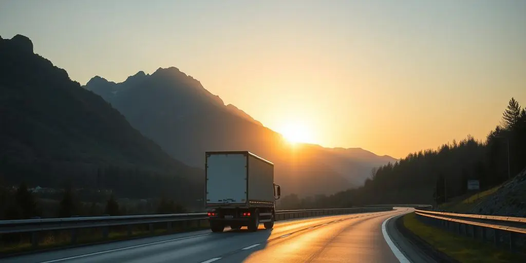 Frachtführerhaftung: LKW auf Autobahn bei Sonnenuntergang