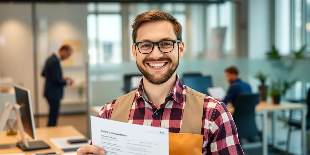 Direktversicherung: Glücklicher Arbeitnehmer mit Versicherungsdokument im Büro