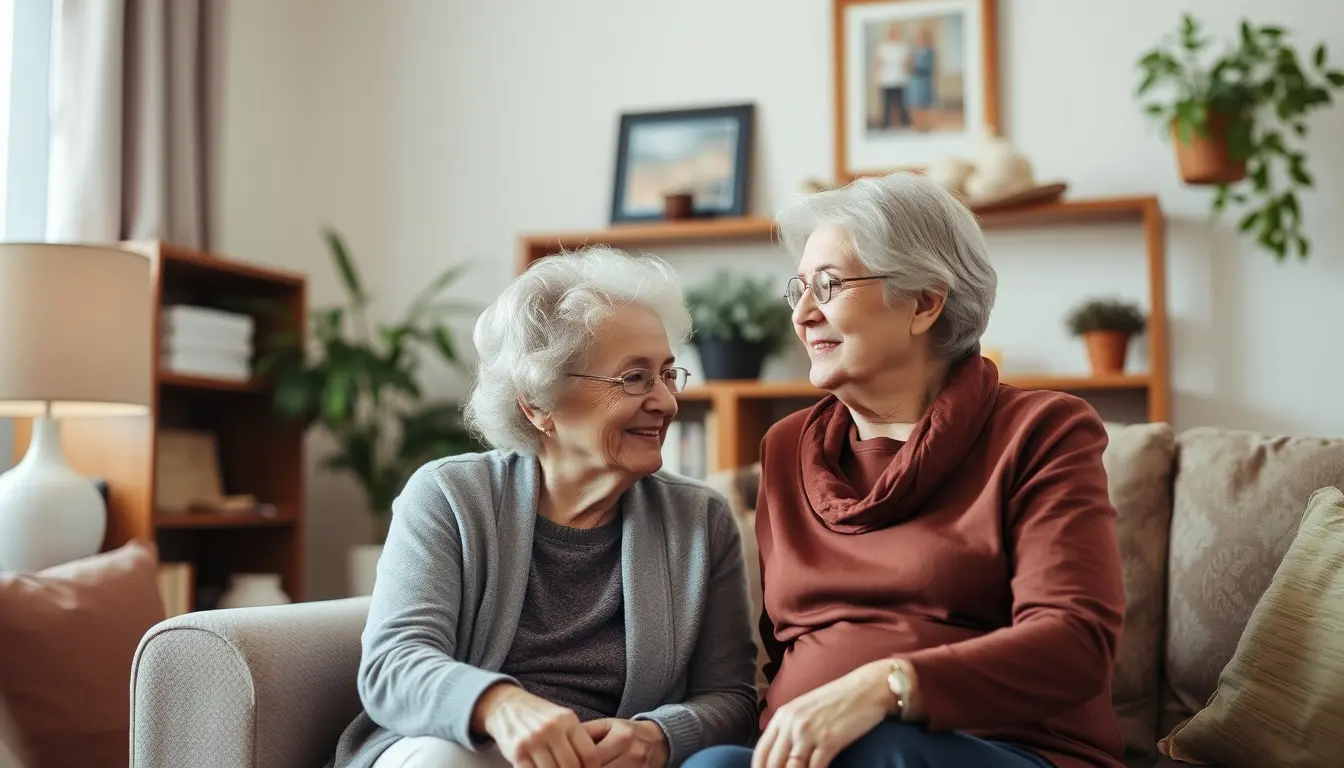 Caregiver with elderly woman in a cozy living room.