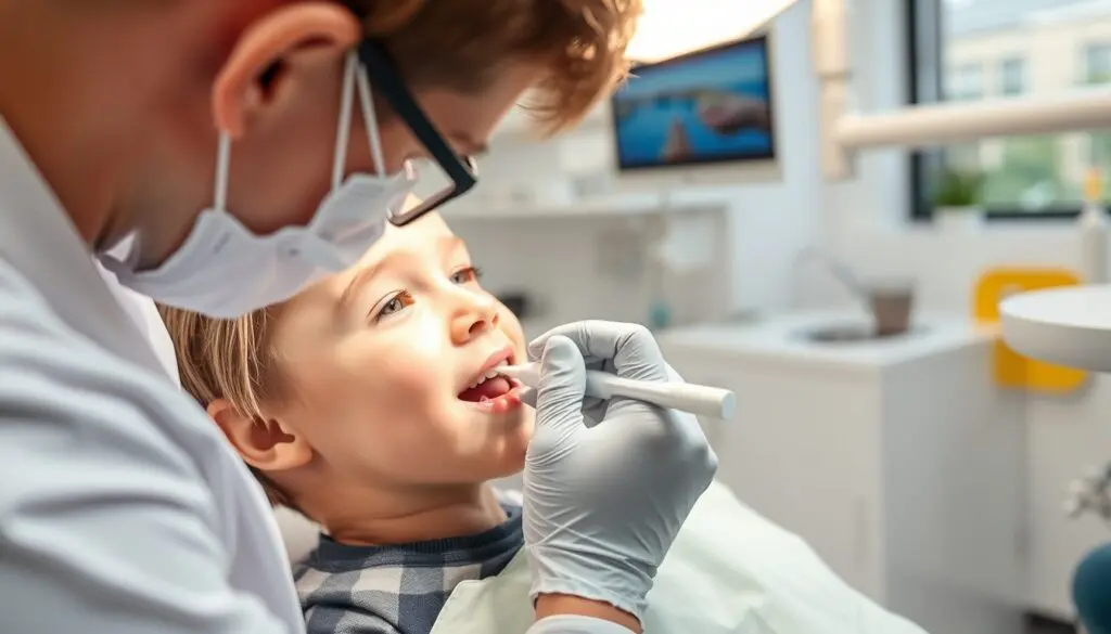 Dentist applying sealant to a child's molar tooth.