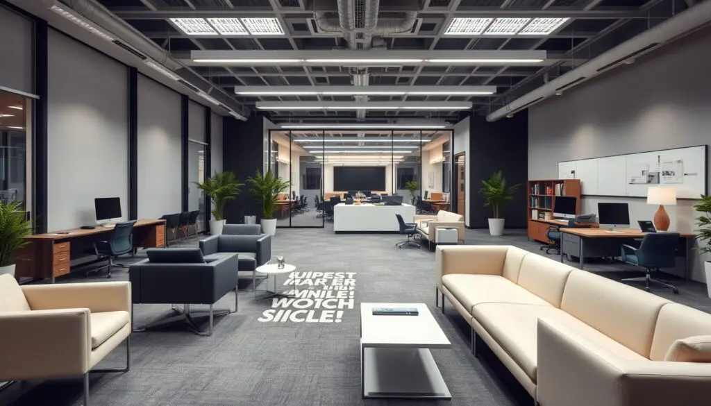 Modern office interior with sleek furniture and bright lighting.