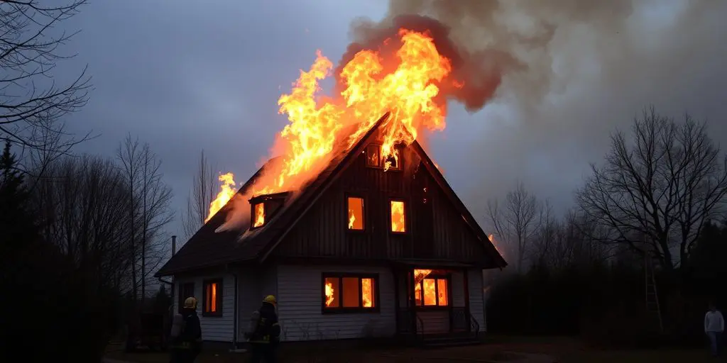 Brennendes Haus mit Feuerwehrleuten