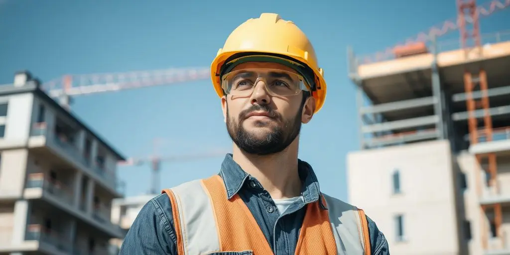 Montageversicherung: Bauarbeiter vor Baustelle mit Kränen