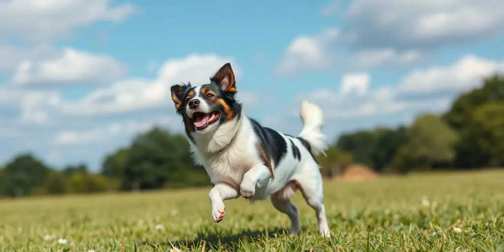 Hund spielt auf grüner Wiese