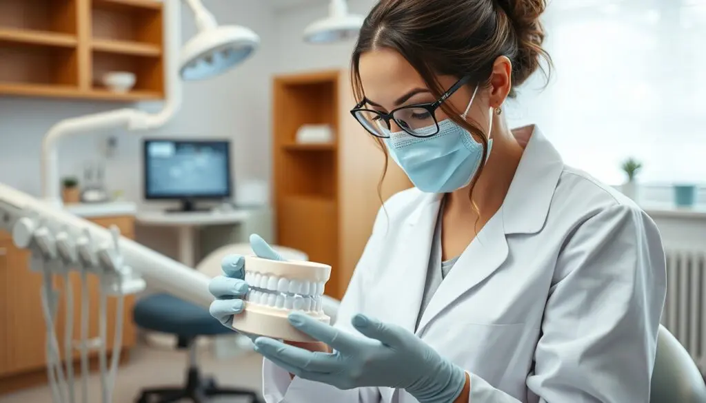 Female dentist with dental crown model in clinic.