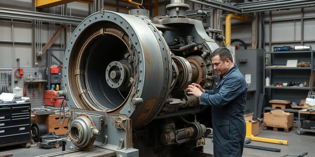 Maschinenbruchversicherung: Mechaniker prüft beschädigten Maschinenteil