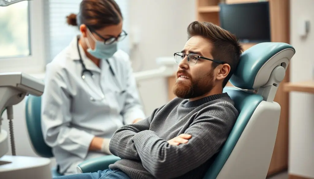 Anxious patient in dental chair with dentist approaching