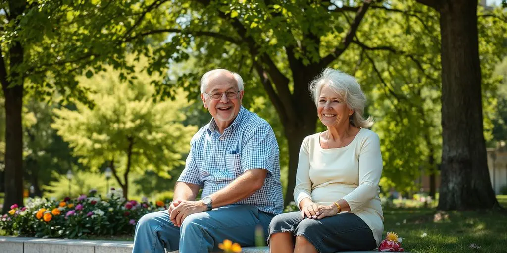 Älteres Paar auf Parkbank im Sonnenschein