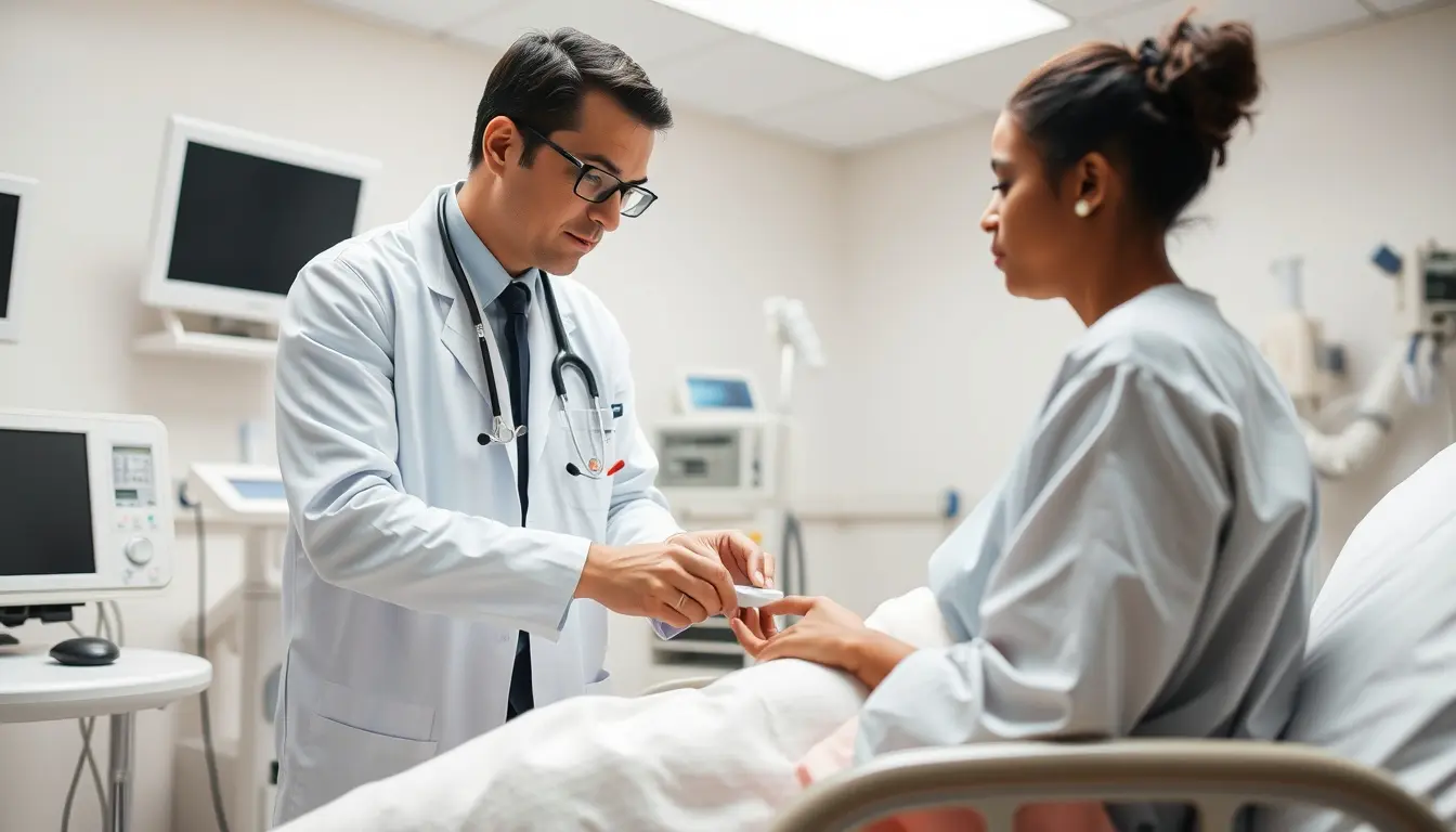 Doctor examining patient in a hospital room.