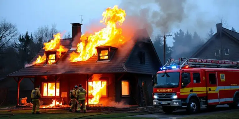 Feuerwehr löscht brennendes Haus