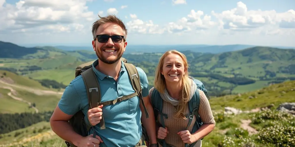 Auslandskrankenversicherung: Paar wandert in malerischer Berglandschaft