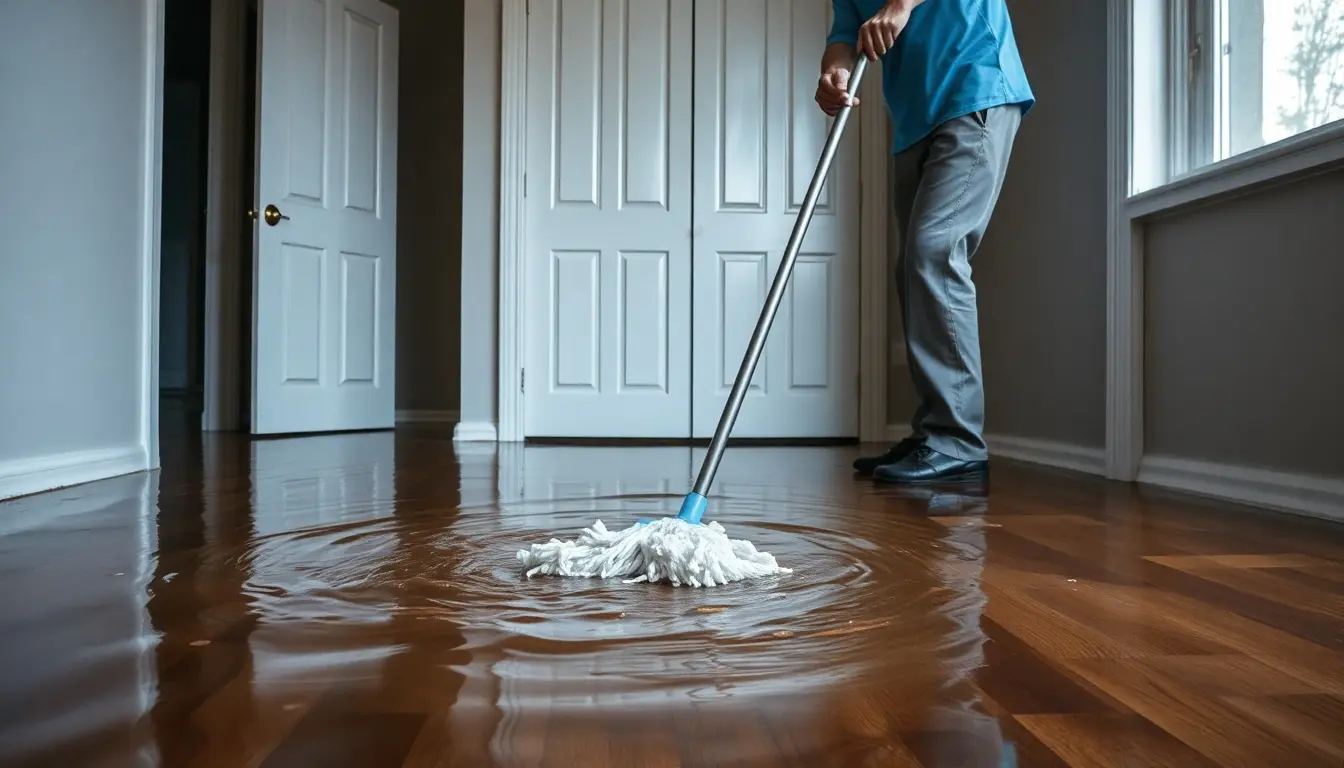 Schadenminderungspflicht: Person mopping water from a flooded area.