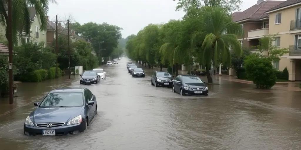 Hochwasser: Überflutete Straße mit versunkenen Autos und Bäumen.