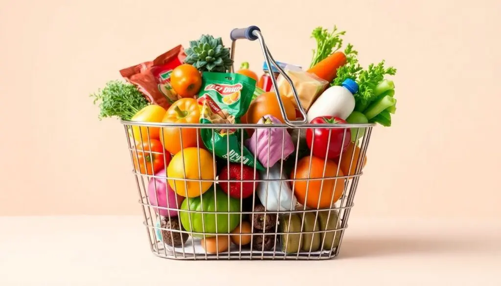 Shopping basket filled with groceries representing rising prices.