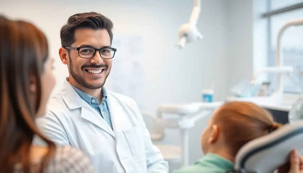 Fluoridierung: Smiling dentist in a modern dental office