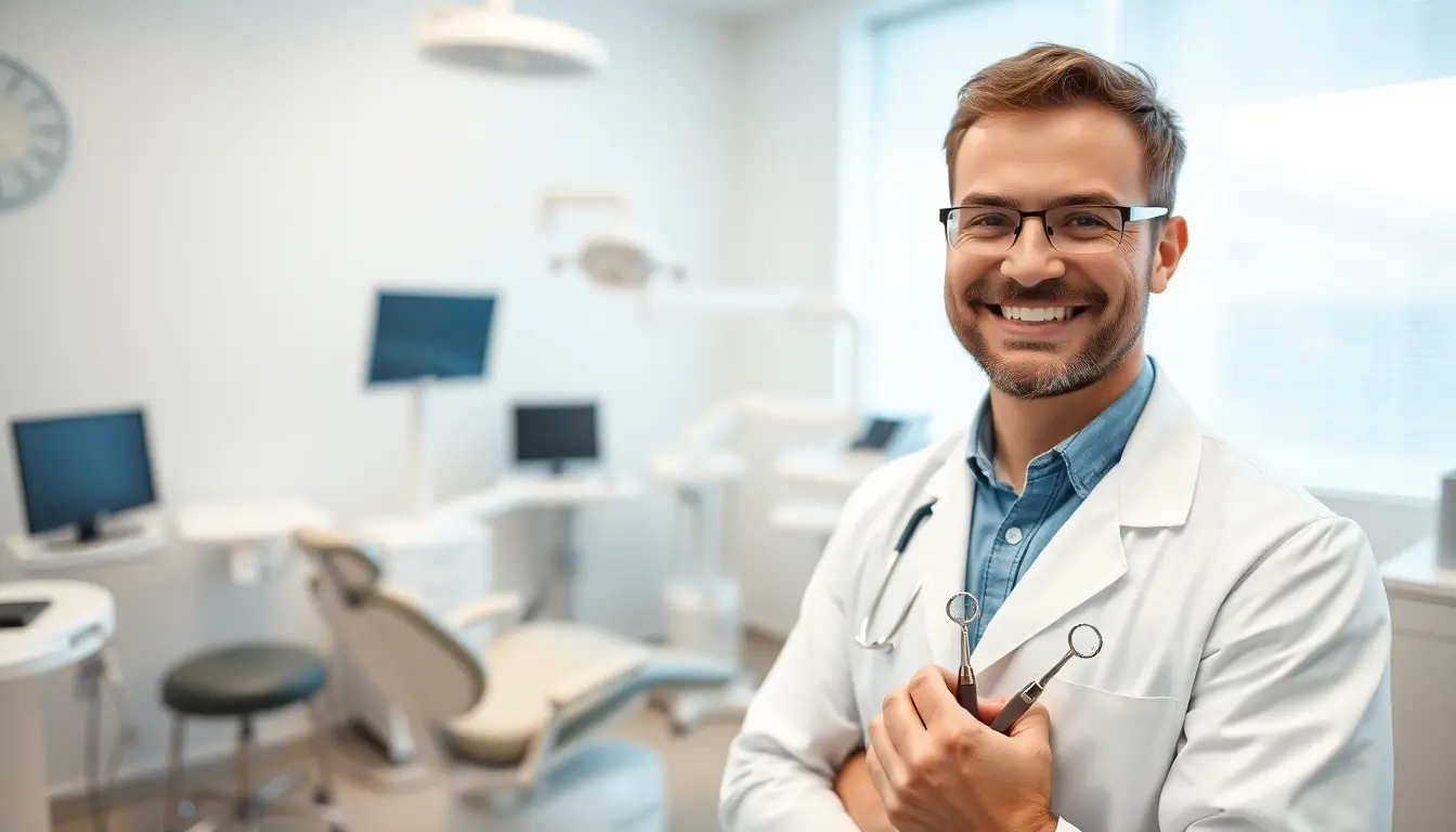 Zahnhals: Smiling dentist in a modern dental office.