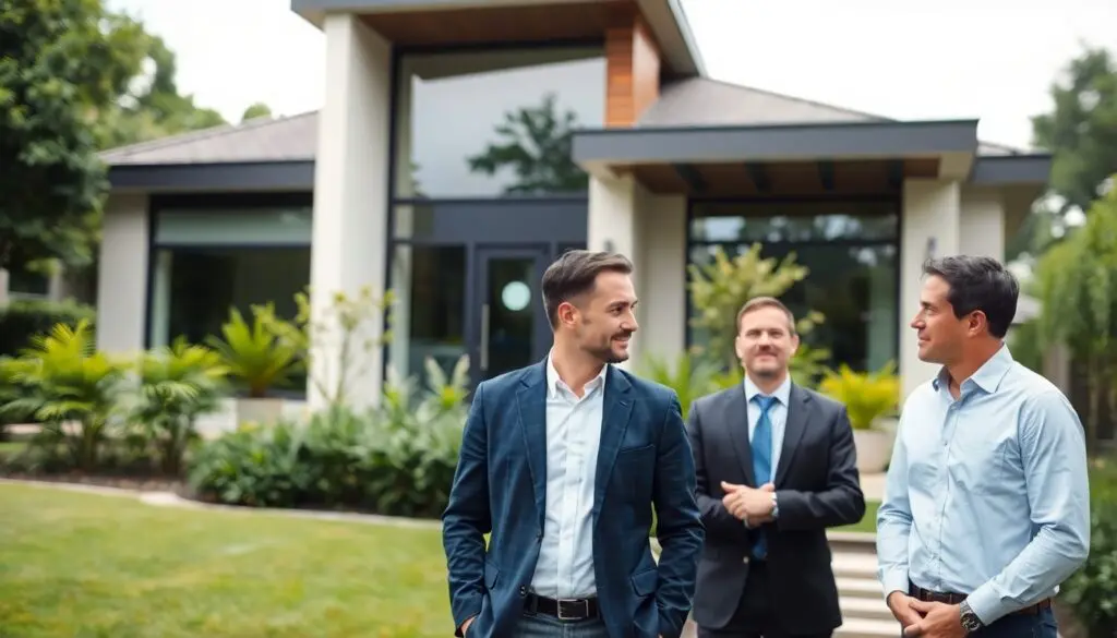 Broker and client in front of a modern house.