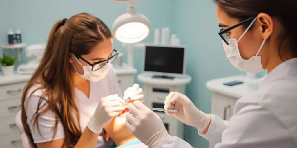 Zahnarzt untersucht Patient, Dentalwerkzeuge im Hintergrund.