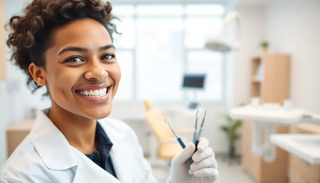 Smiling dentist in a dental clinic.