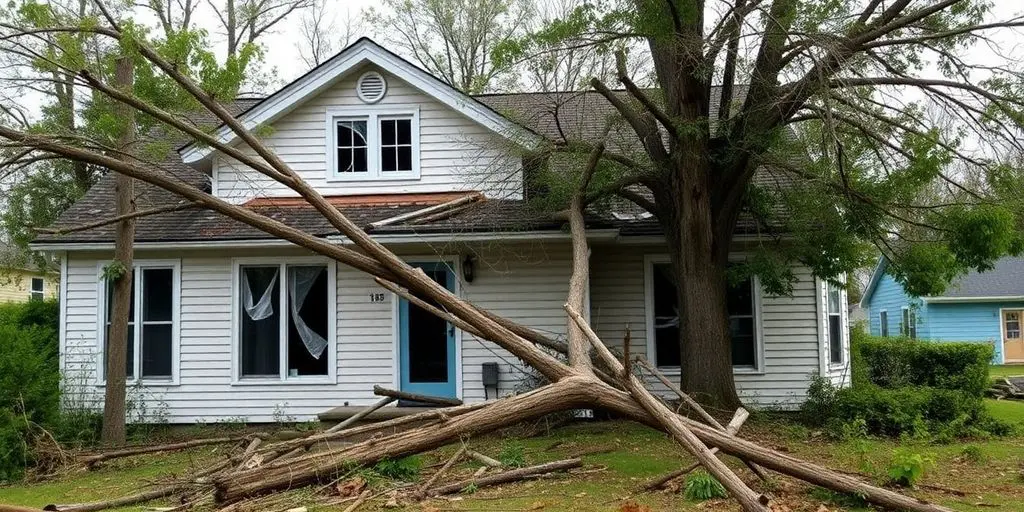 Sturmschaden: Beschädigtes Haus nach Sturm mit umgestürzten Bäumen.