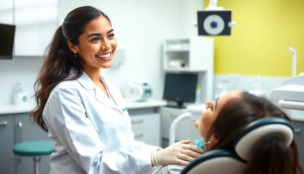 Smiling dentist in a modern dental office.