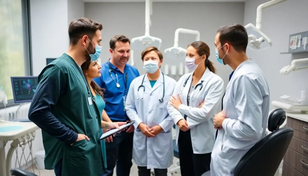 GOZ: Medical professionals in discussion at a dental practice.