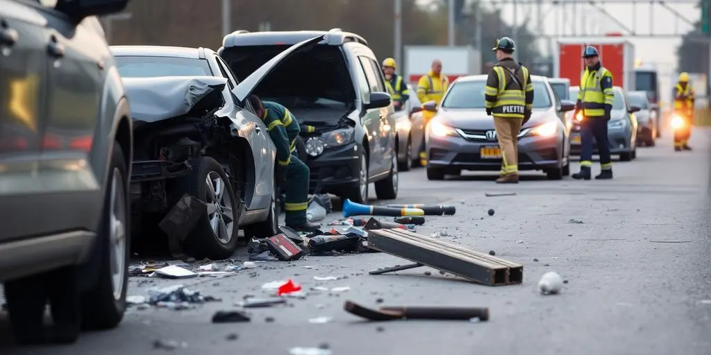 Unfallaufnahme mit beschädigten Fahrzeugen und Einsatzkräften.