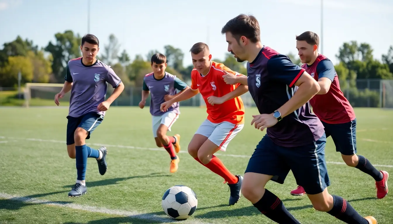 Employees playing football at a company tournament.