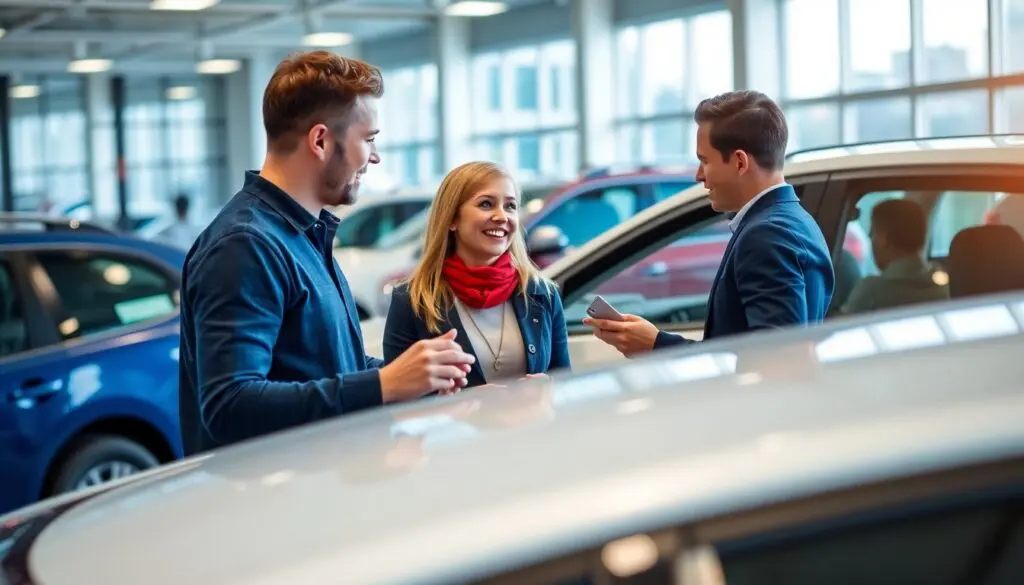 Erstbesitzerrabatt: Kunde im Autohaus, begeistert von neuen Fahrzeugen.