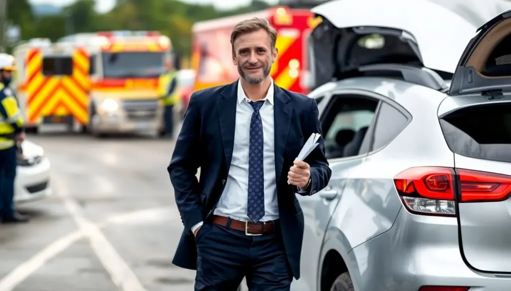 Verkehrsrechtsschutz: Rechtsanwalt steht am Unfallauto