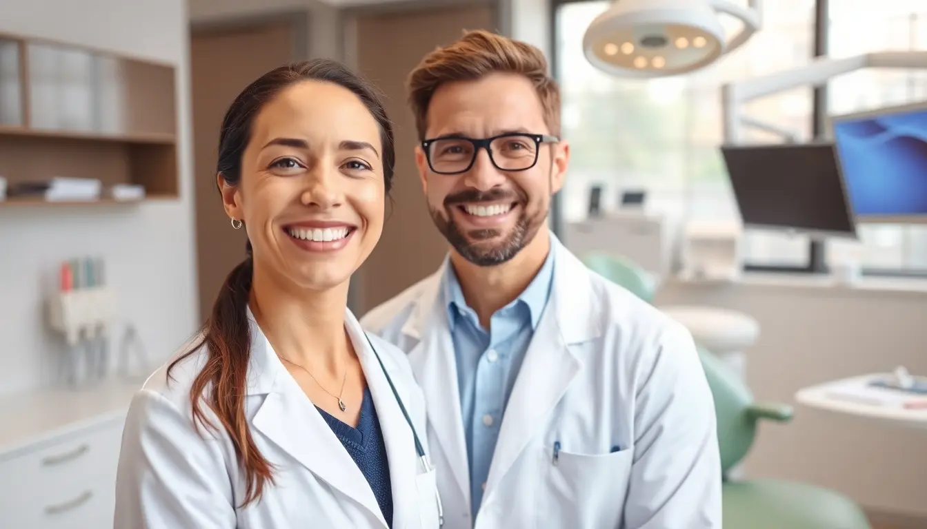 Endodontie: Smiling dentist in a modern dental office.