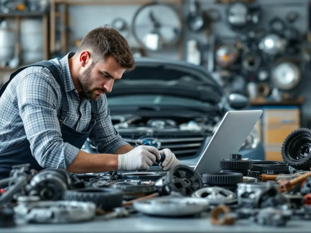 Mechaniker mit gebrauchten Autoteilen bei der Arbeit.