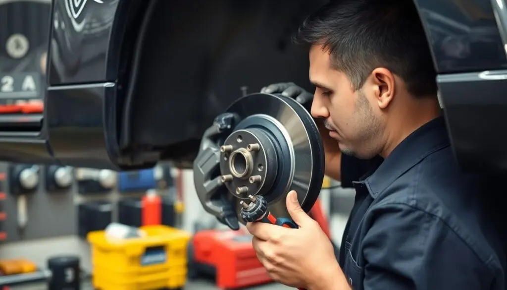 Mechaniker untersucht einen Bremsenschaden