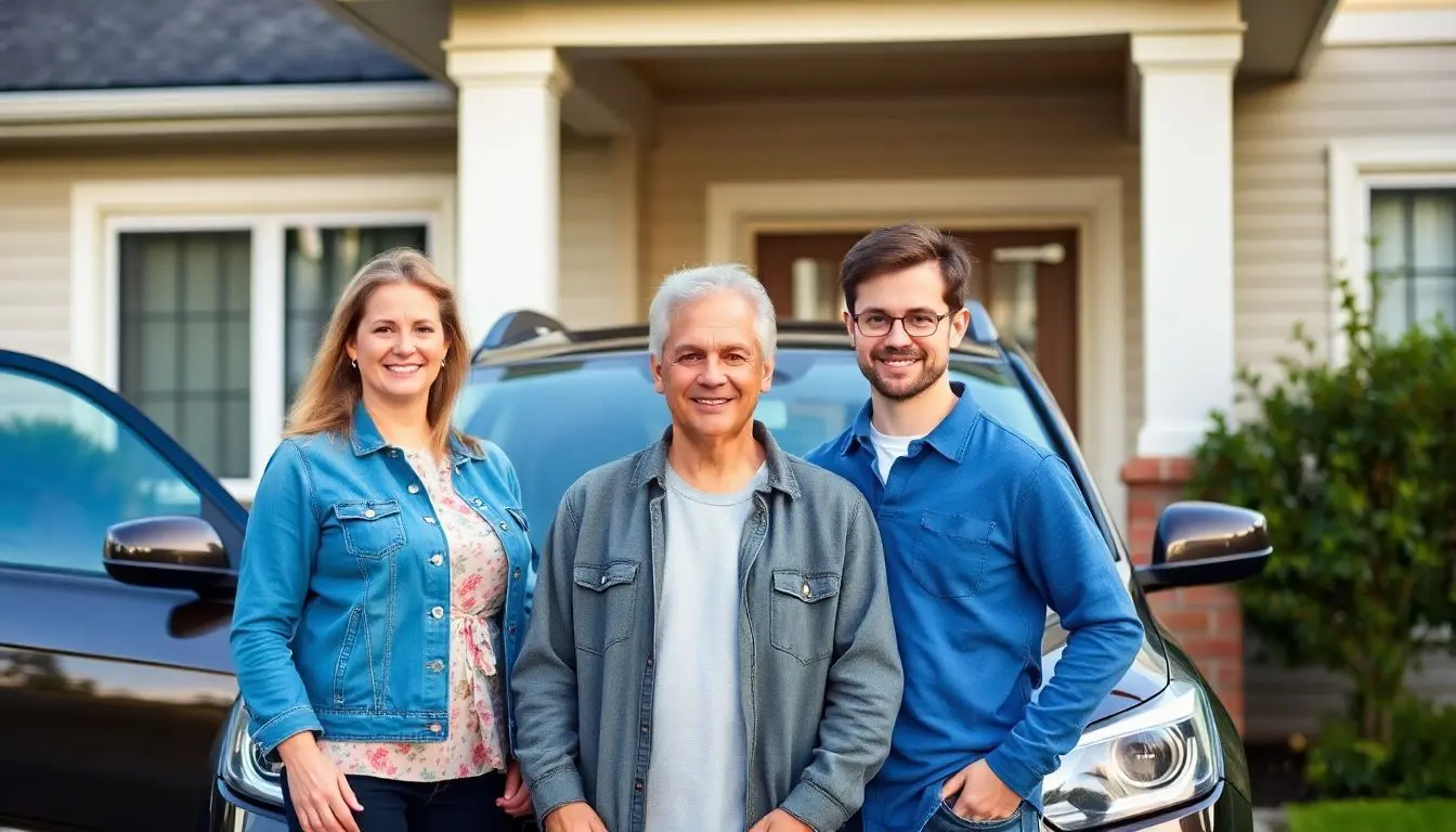 Abweichender Halter: Family standing by a car in front of their house.