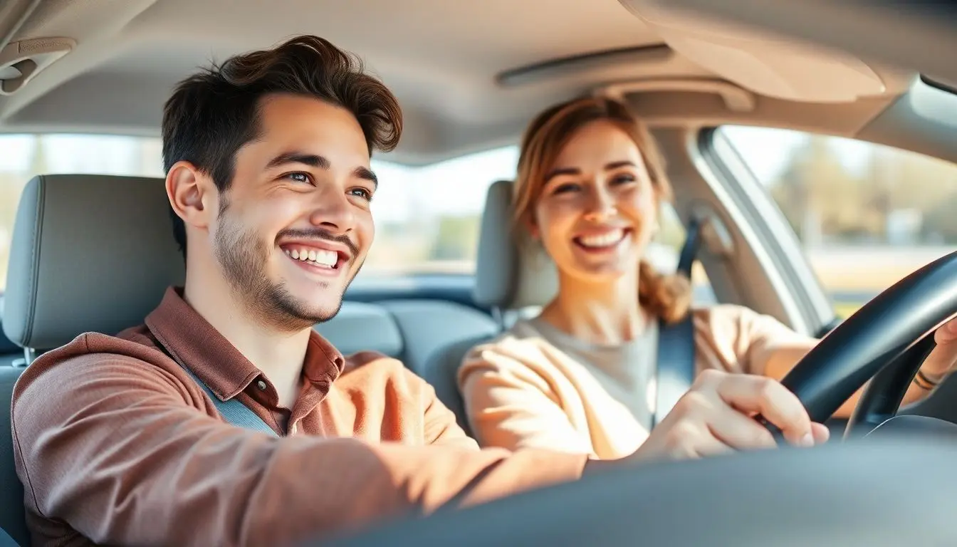 Junger Fahrer und Mutter lächeln im Auto.