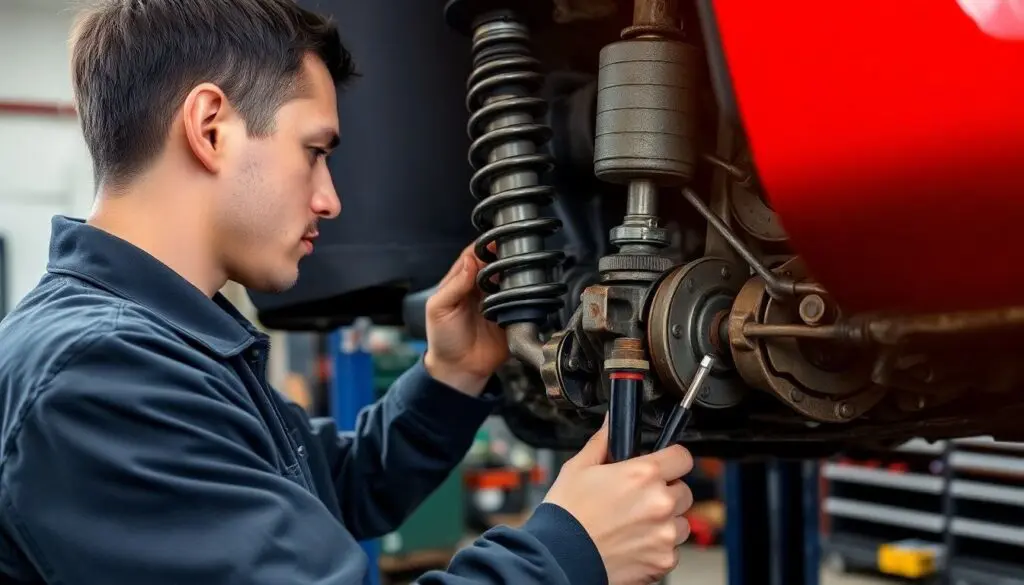 Mechaniker untersucht einen Fahrwerkschaden
