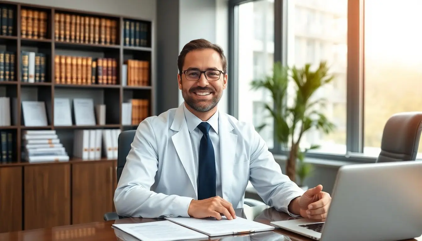 Smiling lawyer in a modern office setting.