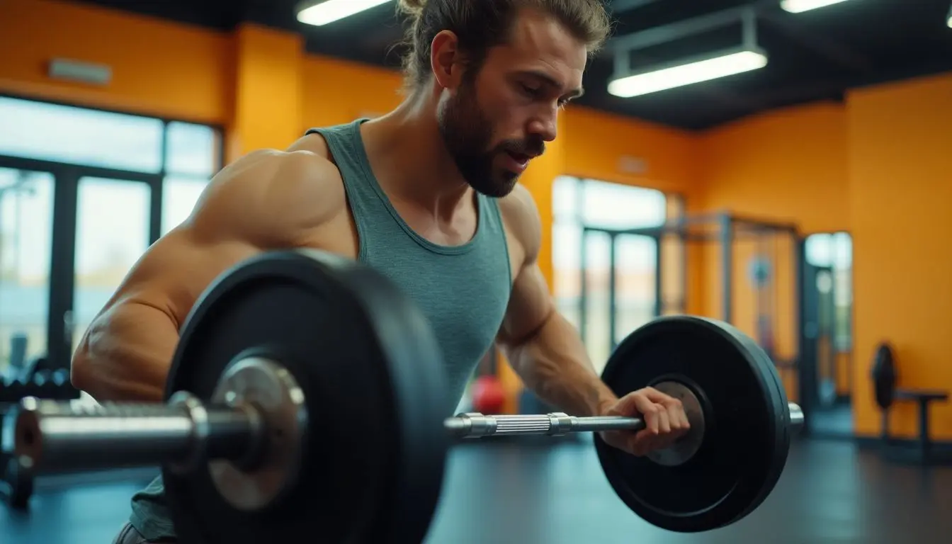 Erhöhte Kraftanstrengung: Junger Mann trainiert im Fitnessstudio