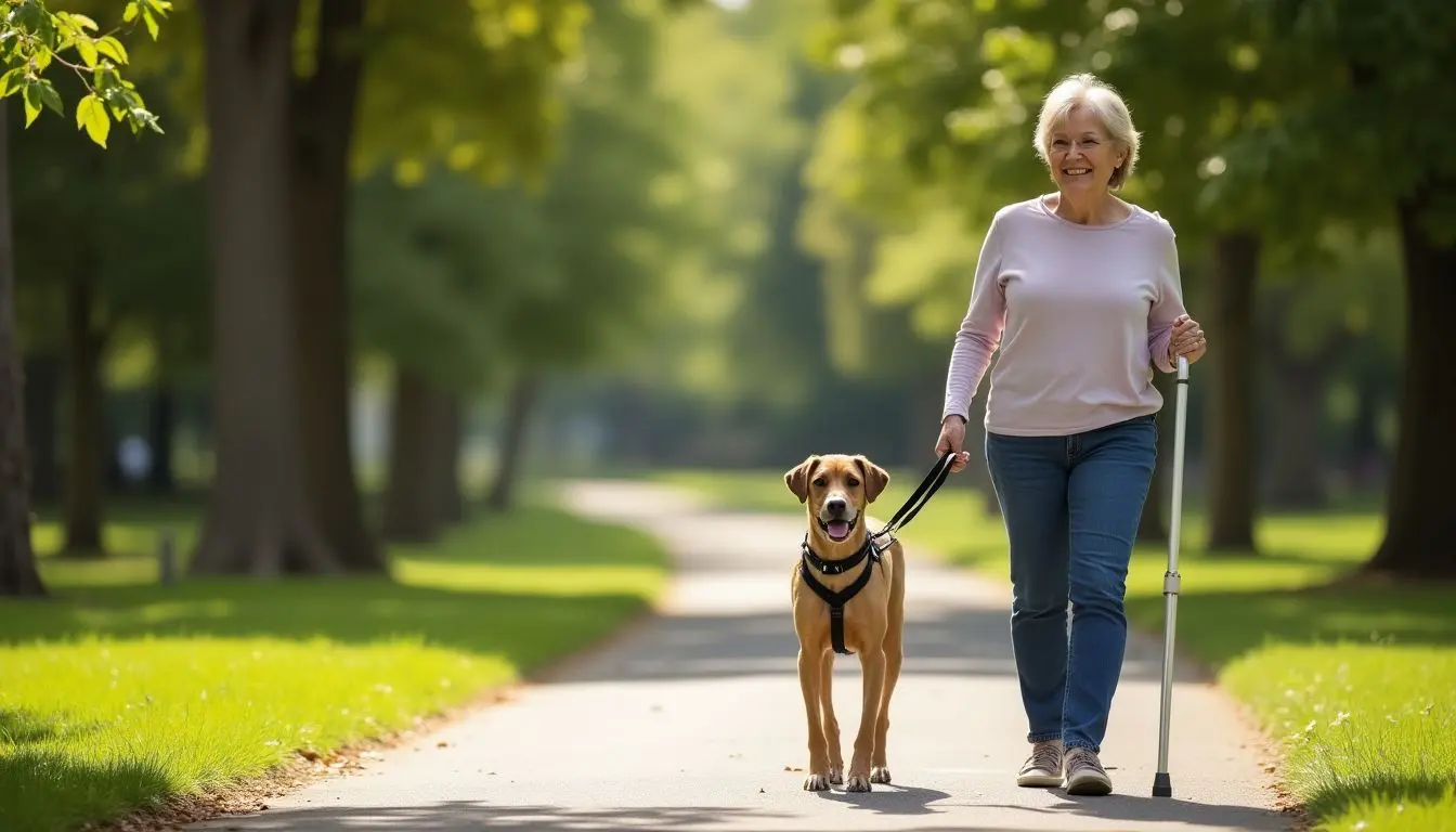 Blinde Frau mit Blindenhund macht einen Sparziergang