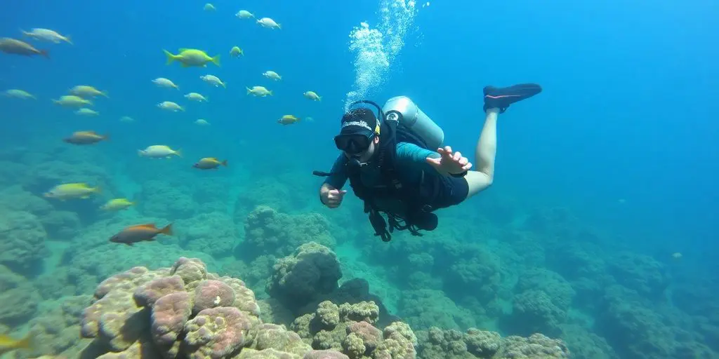 Taucher in Ausrüstung unter Wasser mit Korallenriff.