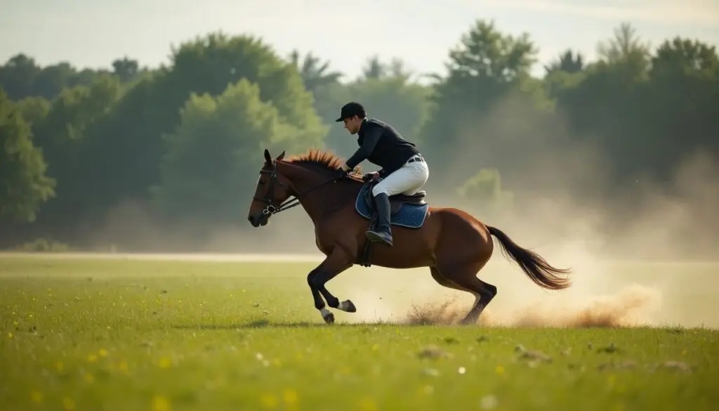 Reitunfall: Reiter fällt vom Pferd auf Wiese.