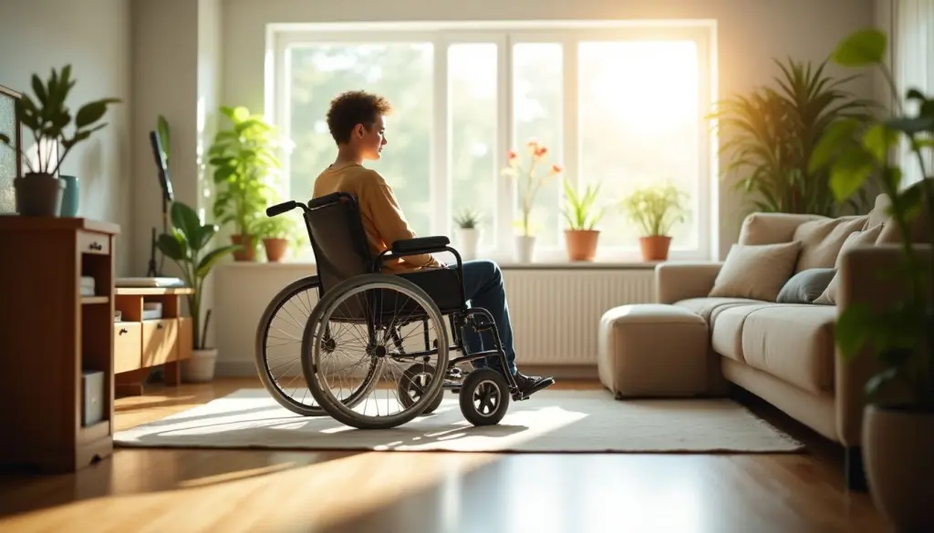 Restinvalidität: Person im Rollstuhl in heller Wohnung