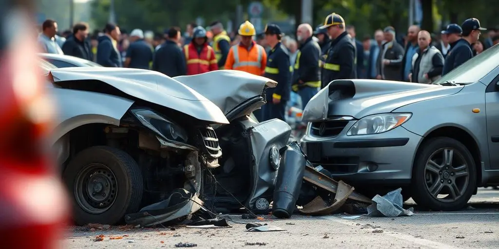 Unfallstelle mit beschädigten Autos und Rettungskräften.