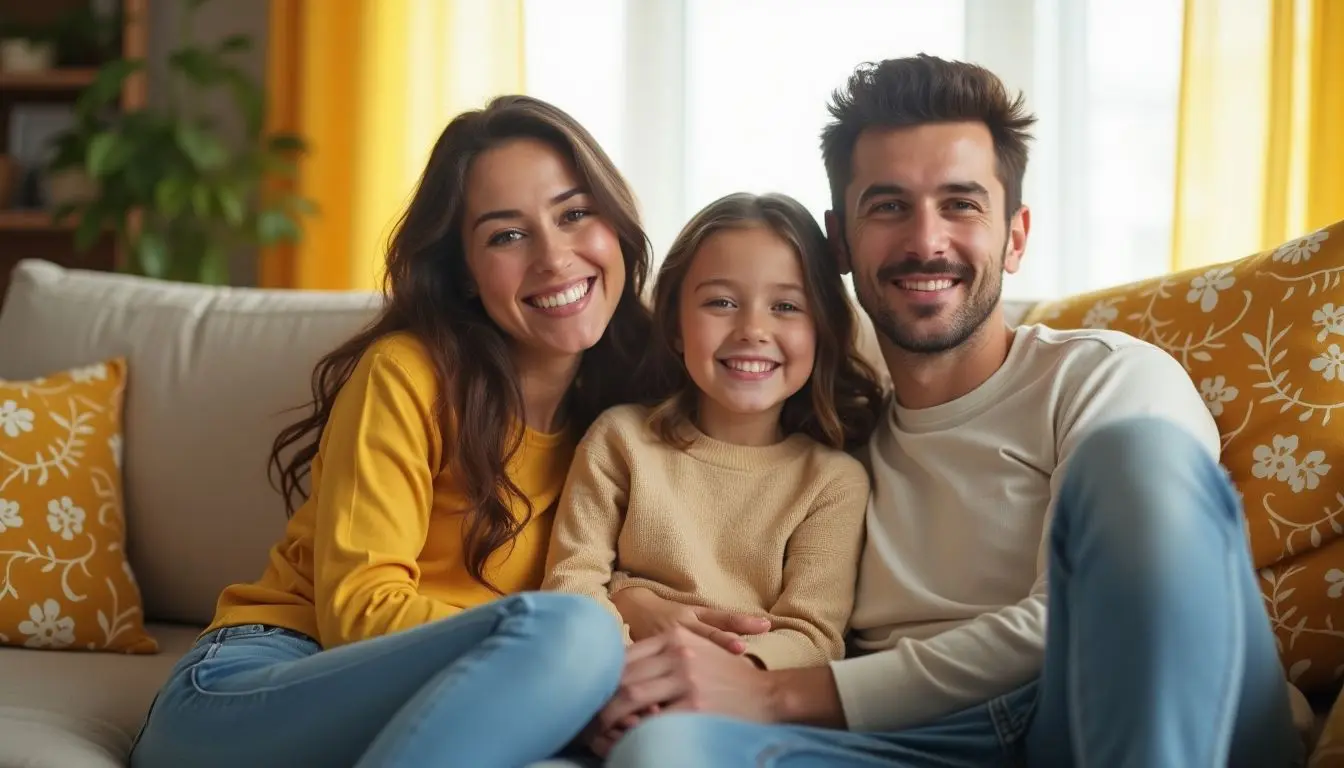 Todesfallsumme: Familie lächelt auf dem hellen Sofa im Wohnzimmer.