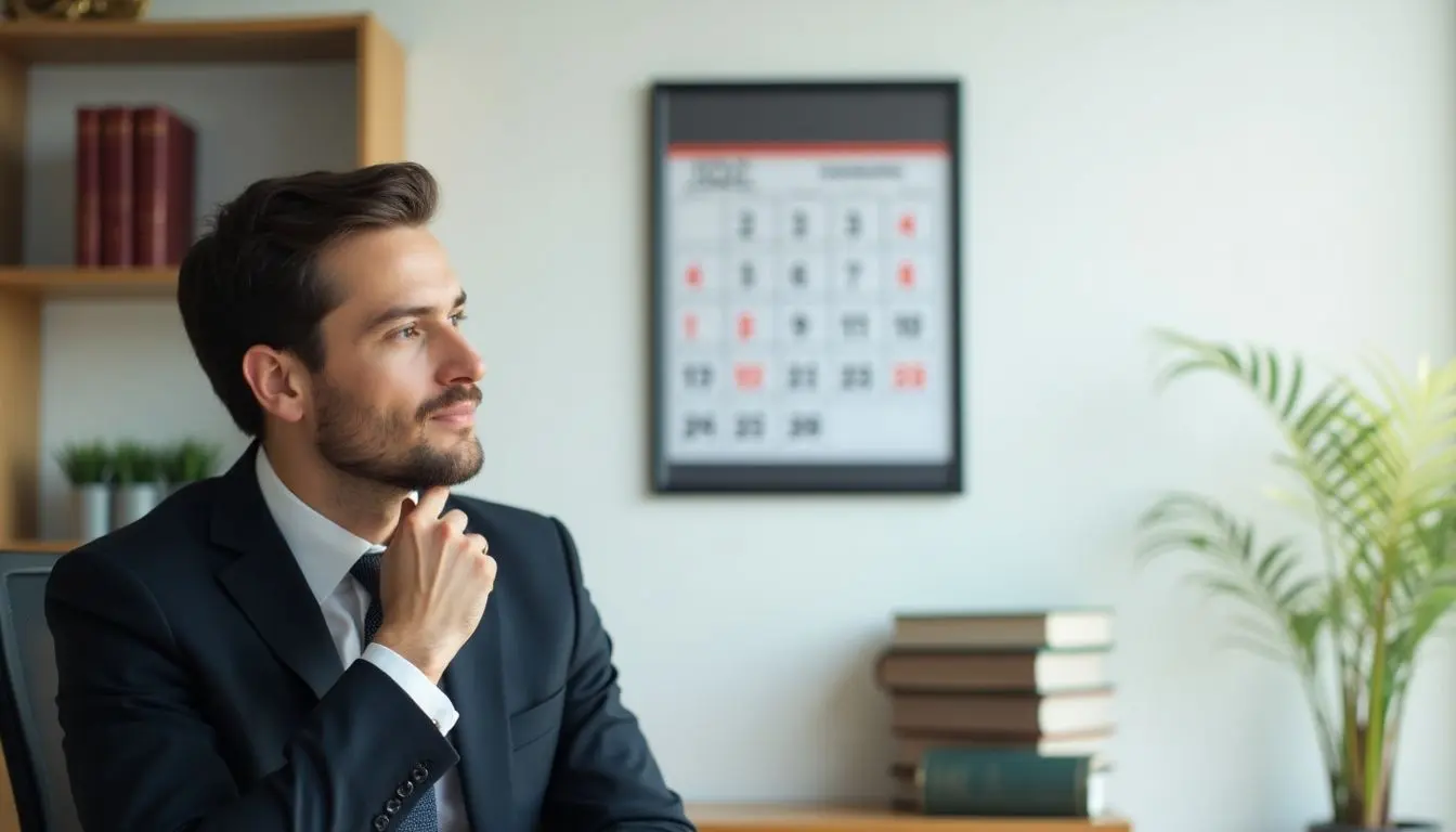 Rechtsanwalt schau auf den Kalender und prüft die Klagefrist.